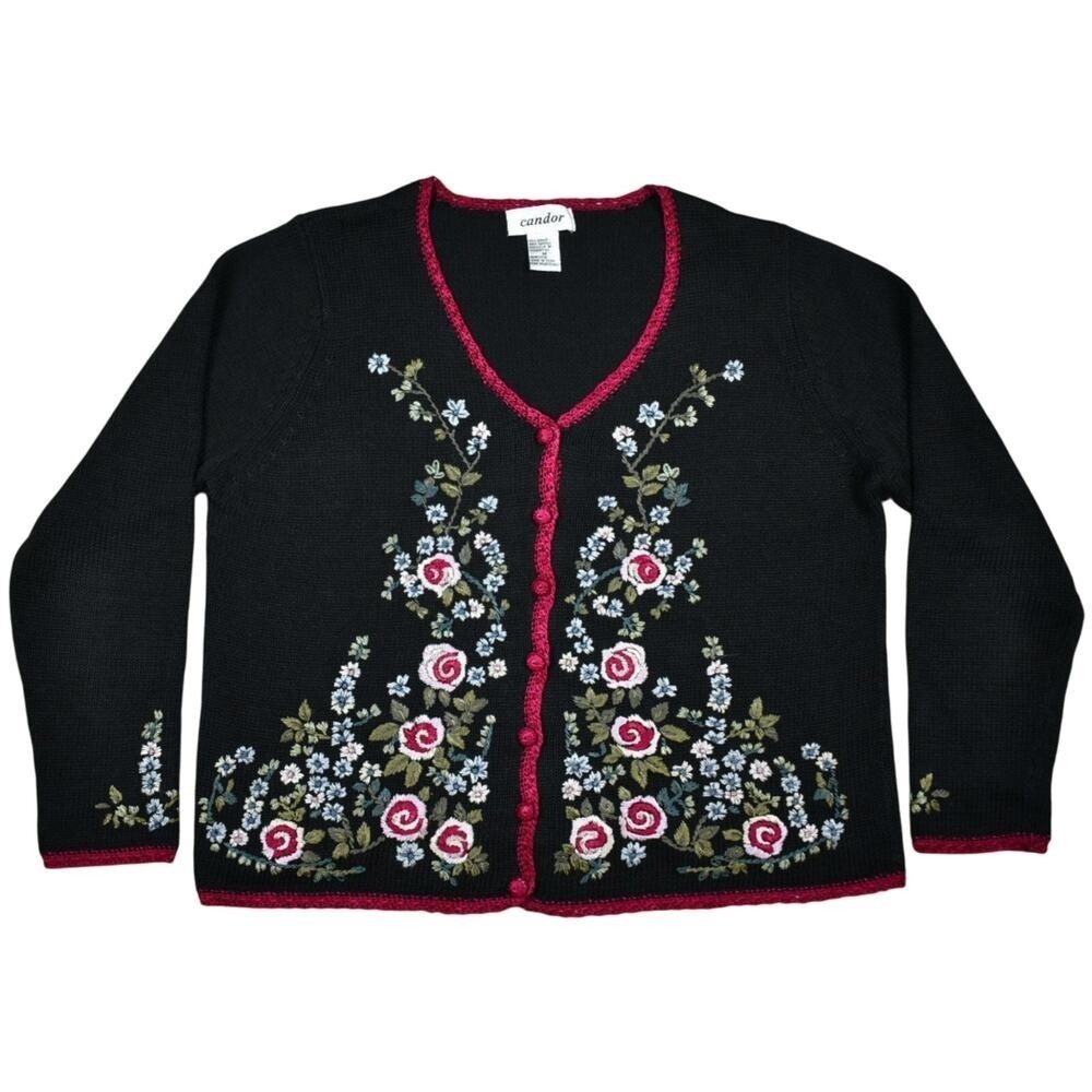 Womens Vintage Floral Embroidered Cardigan Sweater M Knit Black Whimsigoth Retro